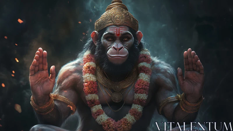 Serene simian deity in emberlit calm and garlanded grace.