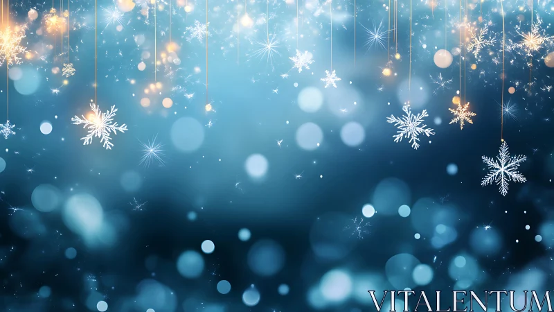 Glowing hanging snowflakes in dreamy winter bokeh field.