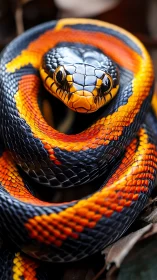 Close view of coiled black snake with orange markings.
