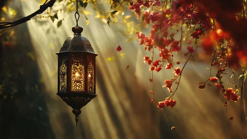 Lantern of drifting petals basking in golden forest hush.