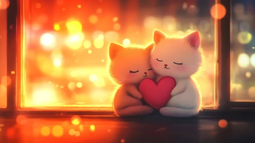 Two Kittens Share Love by Warm Neon Light.