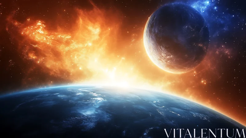 Planet horizon with rising light and nearby illuminated world