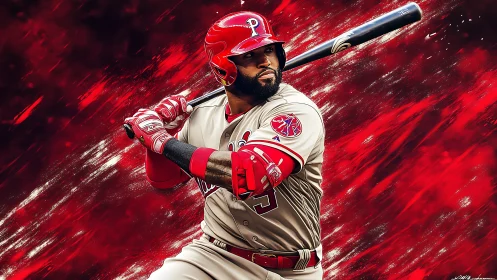 Baseball batter prepares powerful swing over red abstract field