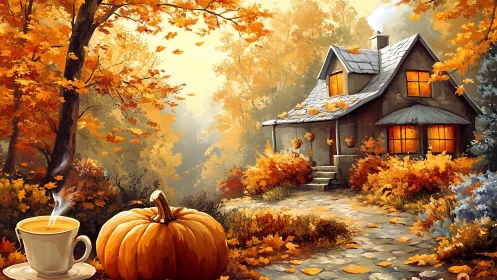 Autumn woodland cottage scene uses warm palette and diffuse lighting
