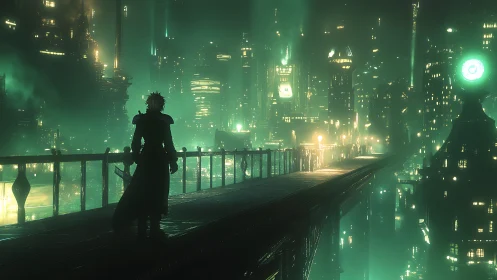 Silhouetted figure on elevated walkway above neon cityscape.