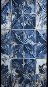 Weathered blue relief tiles show symmetric floral embossing grid