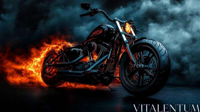 Hellfire highway chopper blazing through stormy smoke.