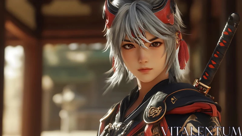 Anime samurai portrait in shallow depth-of-field rendering.