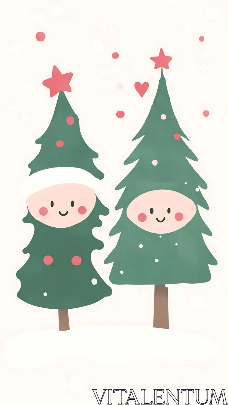 Smiling Christmas tree friends sharing cozy winter cheer.