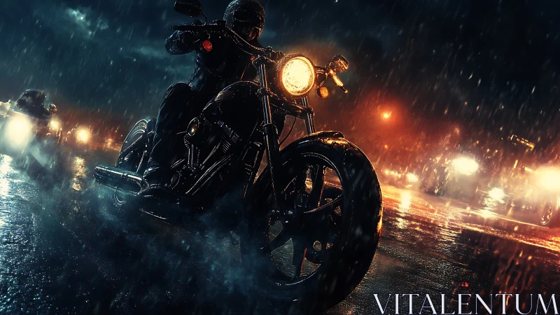 Night rider leans into rain‑slicked street under neon glare.