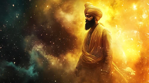 Figure in turban within luminous cosmic cloud field.