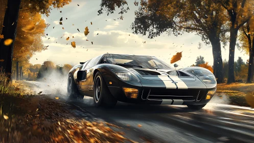 Classic race car drifts on wet forest road in autumn