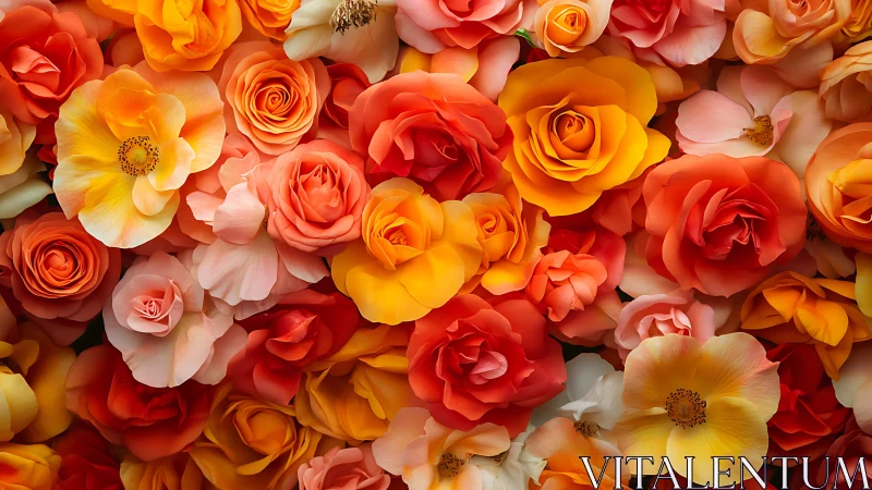 Sunlit rose blossoms glow in a lush orange floral tapestry.