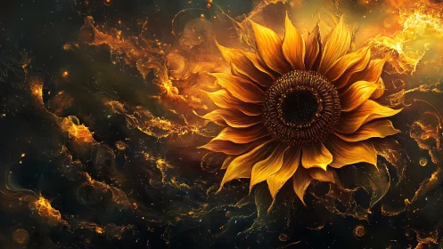 Cosmic sunflower in swirling nebula composition, digital painting.