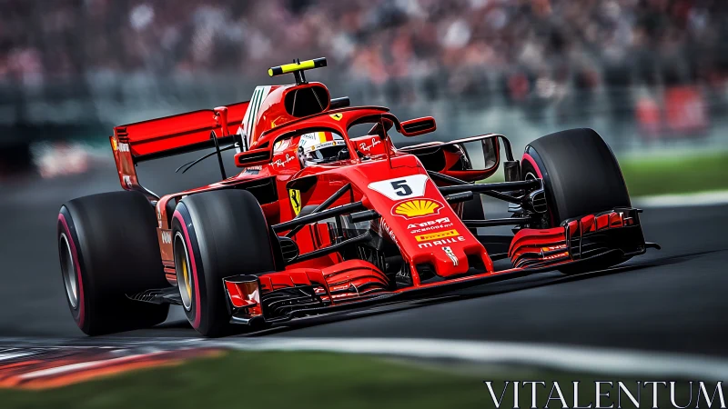 Red Formula race car navigates circuit corner at speed