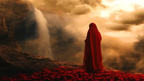 Draped figure in red observes foggy cliff waterfall at dusk