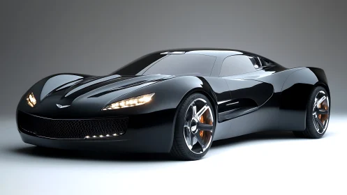 High-gloss black sports coupe render is shown in side-front view