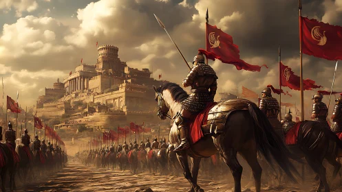 Digital painting of imperial cavalry before tiered fortress citadel.