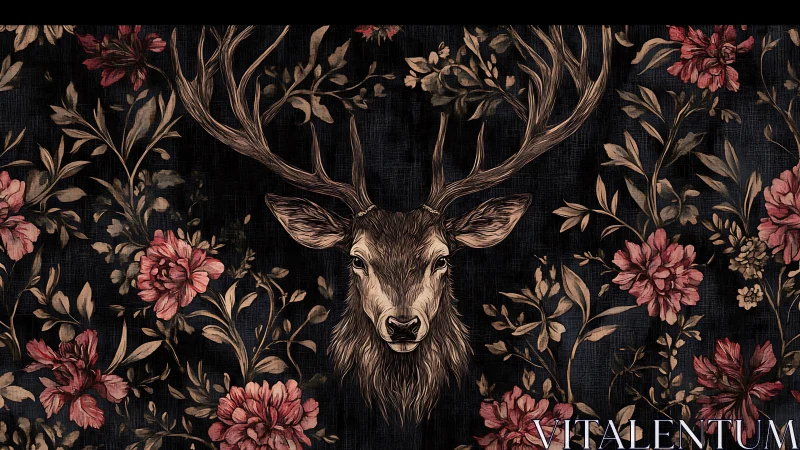 Stag head with branching antlers in dark floral ornamental field