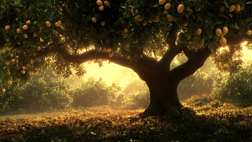 Backlit lemon tree rendered with volumetric light and soft shadows