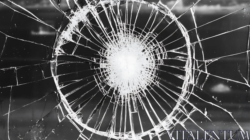 Shattered glass radiates from a stark circular impact point