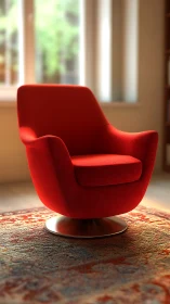 Red swivel lounge chair glows over patterned rug.