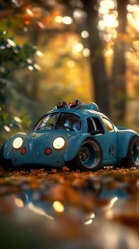 Stylized blue cartoon microcar in shallow-depth autumn forest