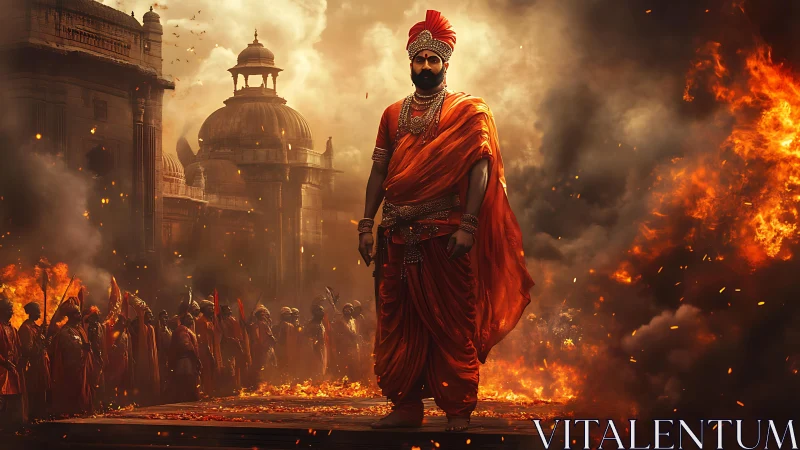 Warrior king stands amid burning ruins in blazing defiance