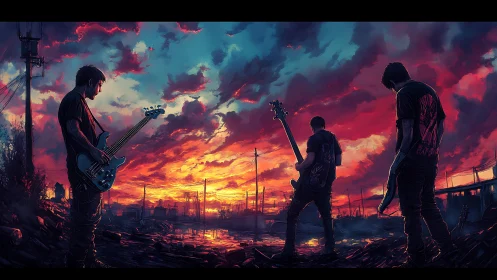 Rock band silhouettes ignite a neon sunset over ruined cityscape