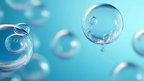 Transparent soap bubbles floating on blue background.