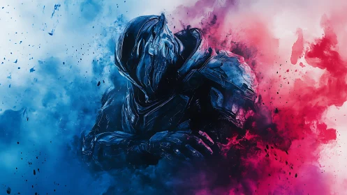 Cybernetic warrior in bifurcated blue and magenta nebula field.