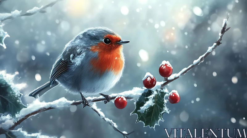 Soft winter robin rests on snowy holly branch in gentle hush