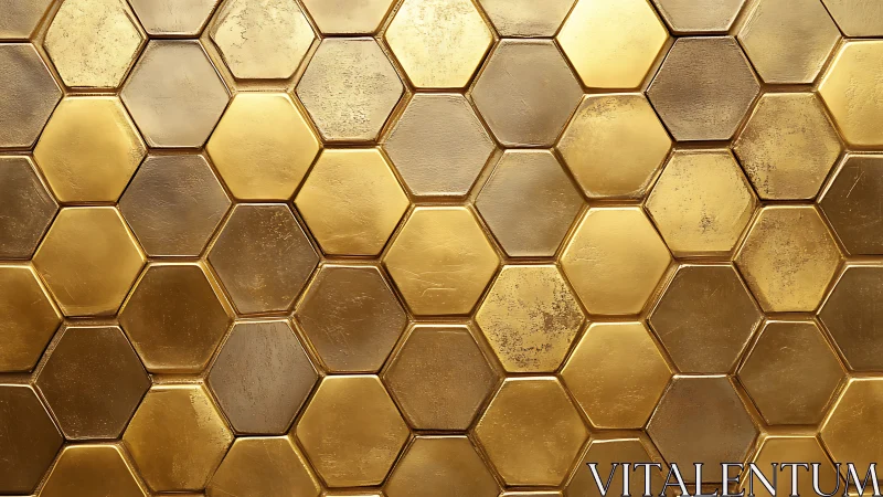 Metallic hexagonal tessellation with brushed gold patina surface.