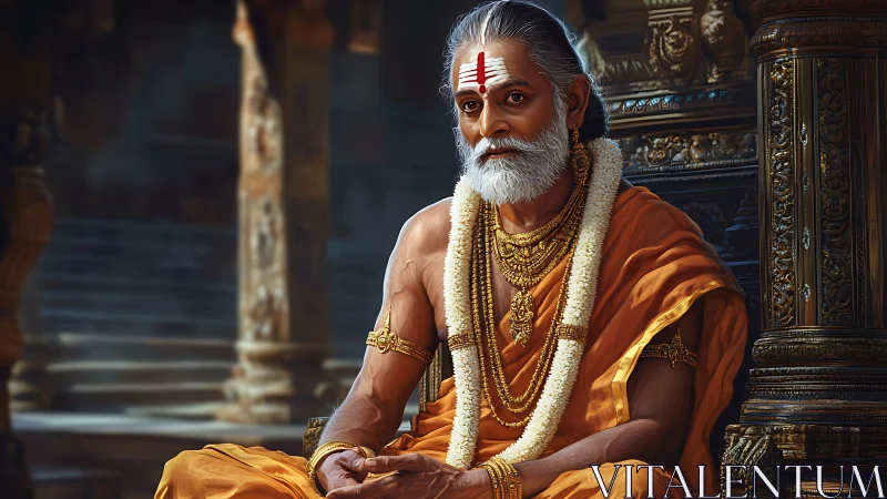 Serene Hindu guru sits in ornate temple, bathed in warm light