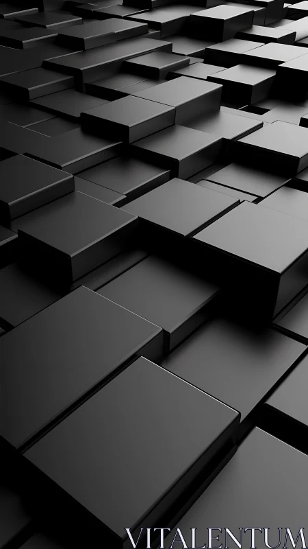 Black geometric blocks form staggered minimalist surface.