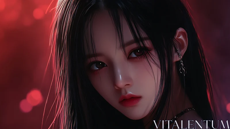 Digital portrait of woman with dark hair and red light.