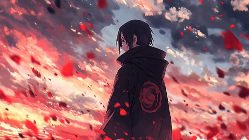 Brooding anime wanderer under a glowing crimson sky.