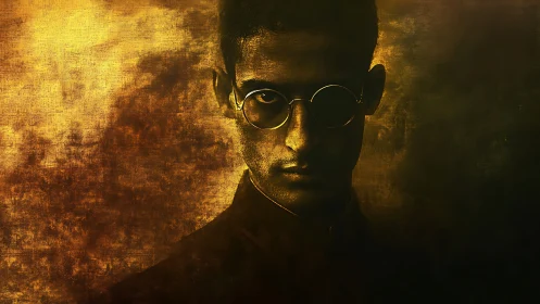 Moody chiaroscuro portrait with round glasses and golden patina.