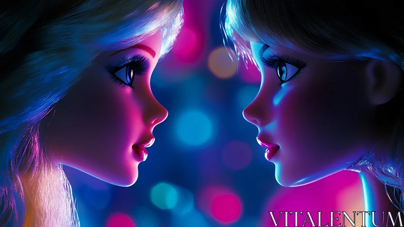 Neon lit doll faces share a bright, playful gaze together