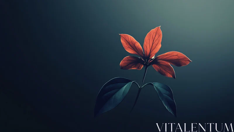 Minimalist red flower illuminated on dark teal gradient background.