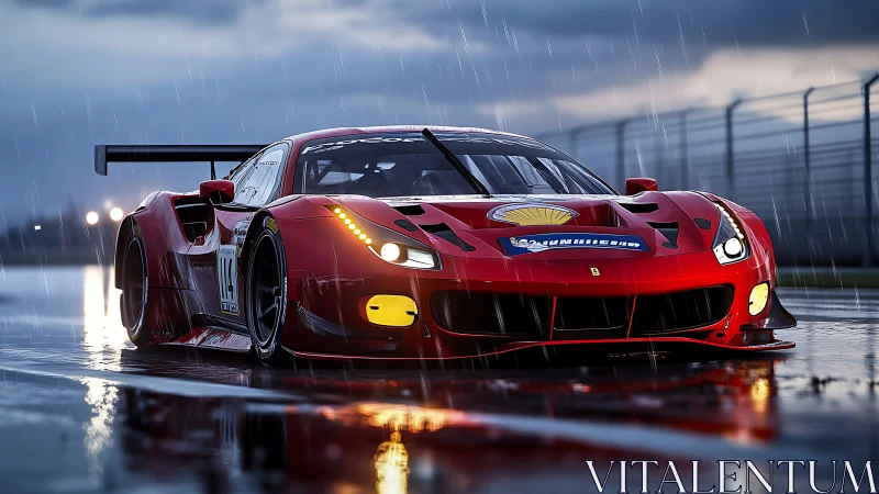 Photorealistic GT race car under dynamic rain lighting study.