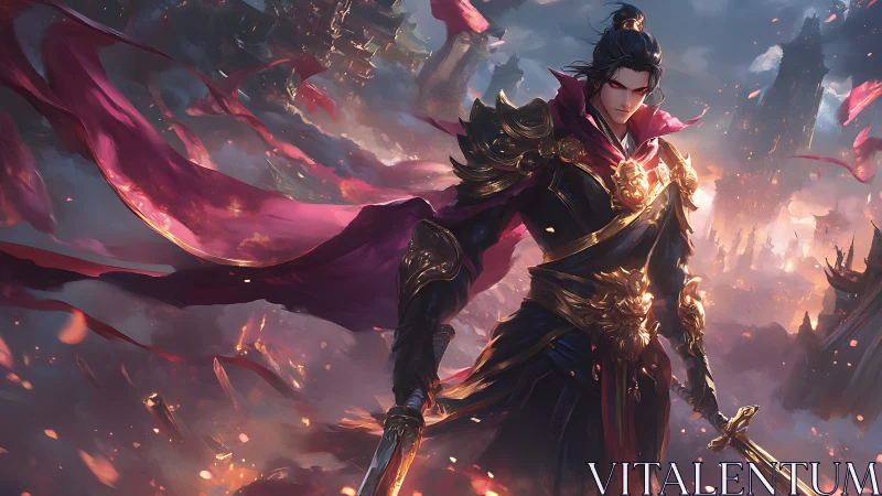 Armored warrior commands burning fantasy battlefield