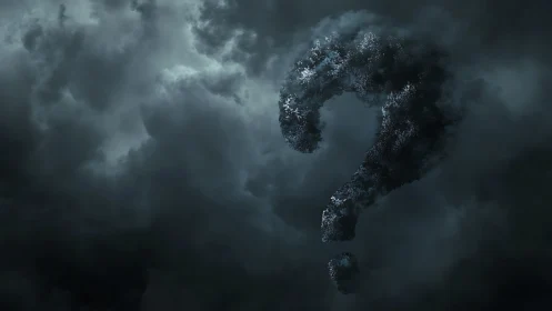 Stormy cloudscape forming dark textured question mark.