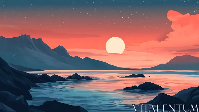 Serene coastal sunset over stylized mountains and bay.