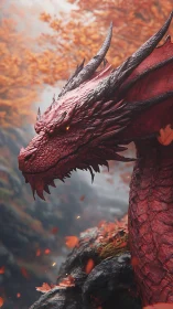 Crimson dragon profile against blurred autumn gorge.