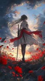 Swordbearer stands over crimson field at burning sunset.