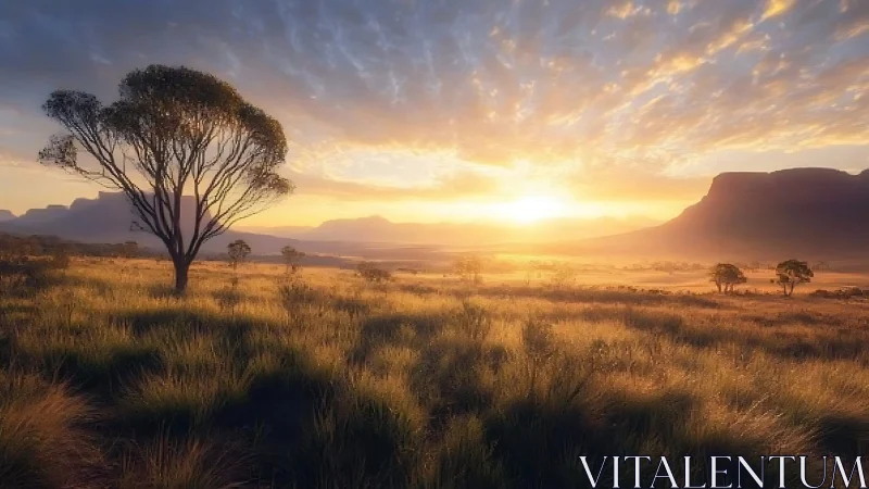 Golden hour savanna plain with acacia tree and distant mesas