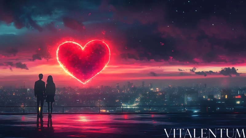 Neon Heart Over Cityscape. Love Signal Glows Against Urban Night.