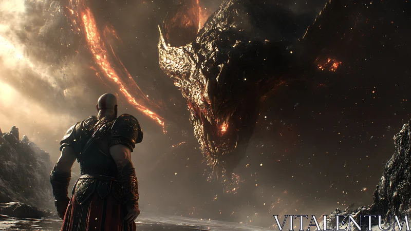 Armored figure confronts molten dragon in volcanic landscape