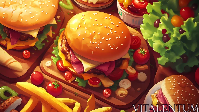Gourmet cheeseburgers with vibrant salads and fries glow